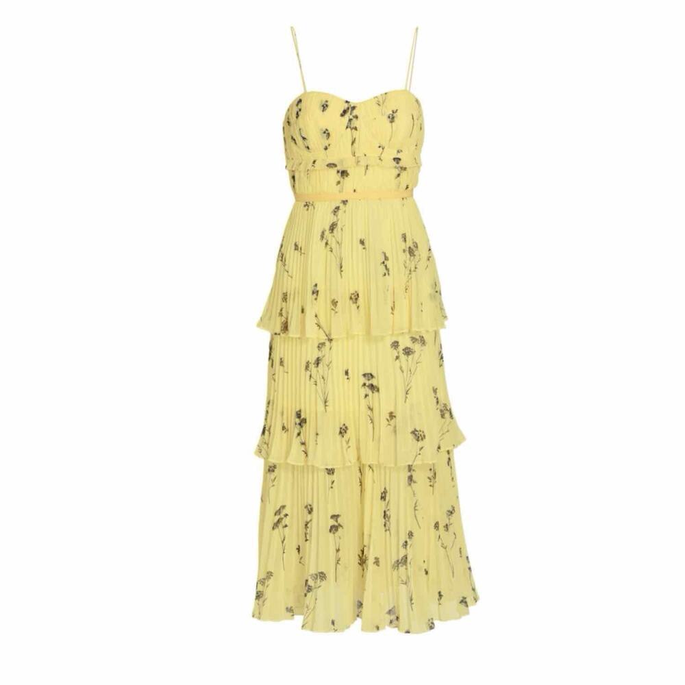 Self Portrait Yellow Floral Silhouette Tiered Midi Dress Size US 8 UK 12